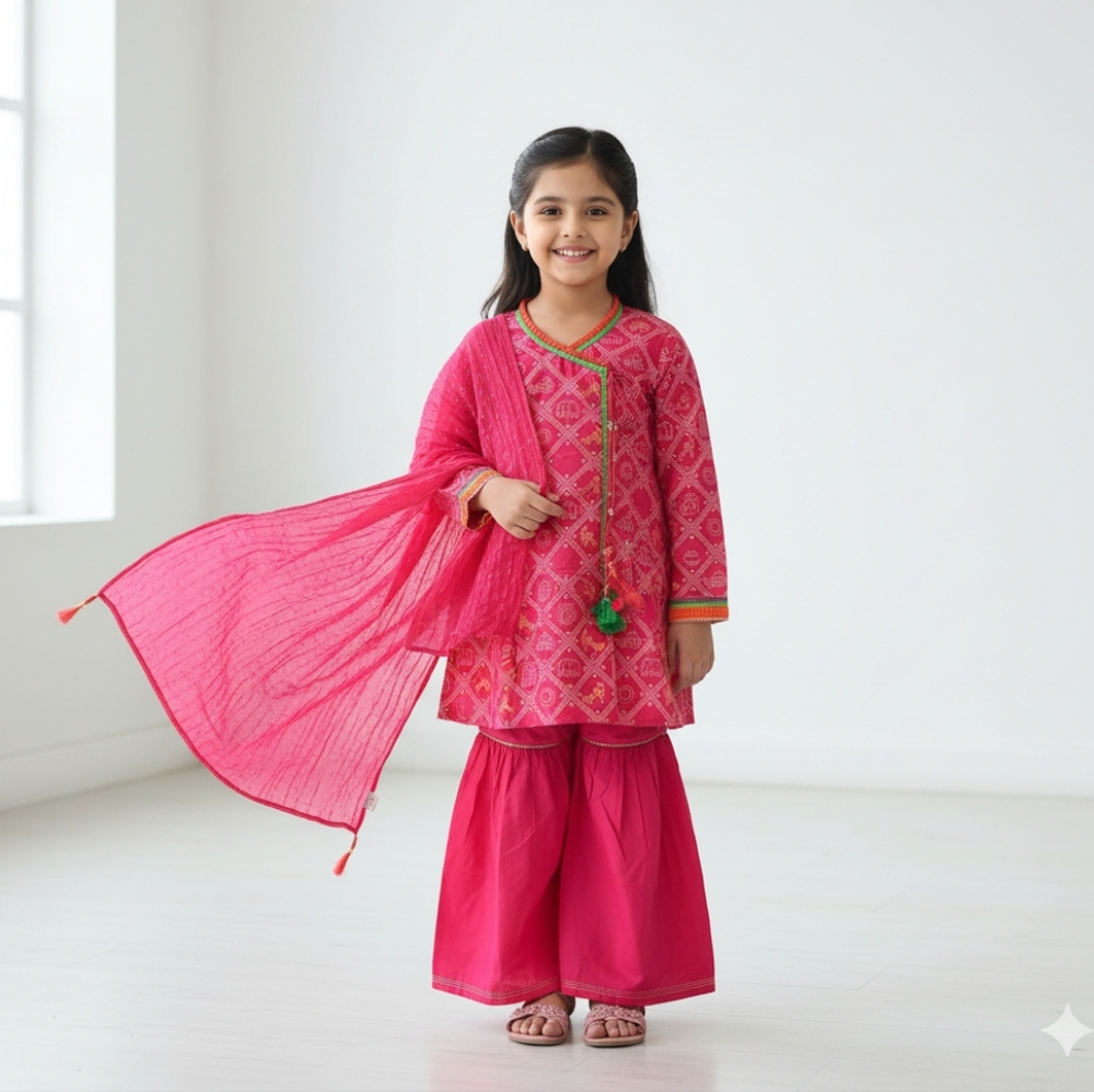 J. Junaid Jamshed Girls Pakistani 3-Piece Ghagra Kameez Outfit, Pink, 8-9 Year